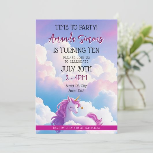 Dreamy Cloud Magical Unicorn Girl 10th Birthday 招待状 (スタンド正面)