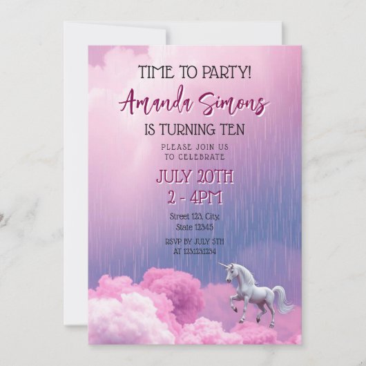Dreamy Cloud Unicorn Fantasy Girl 10th Birthday 招待状 (正面)