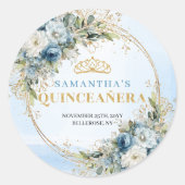 Dreamy Dusty Blue Gold Greenery Quinceañera Favor  ラウンドシール (正面)