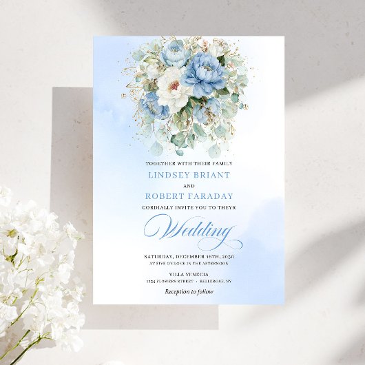 Dreamy Dusty Blue Peony Gold Floral Wedding 招待状