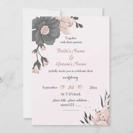 dreamy dusty pink dark grey flowers wedding 招待状 (正面)