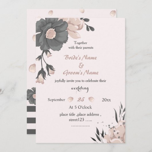 dreamy dusty pink dark grey flowers wedding 招待状 (正面/裏面)