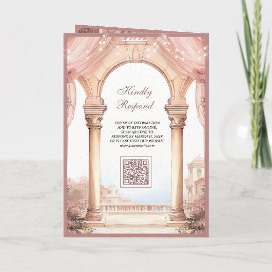 Dreamy Fairytale Palace Dusty Rose QR Code Wedding 招待状 (裏面)