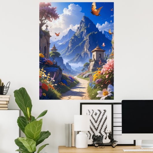 Dreamy Fantasy Landscape Tapestry – Mountains & Bl ポスター (ホームオフィス)