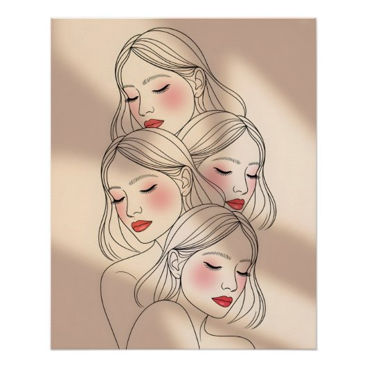 Dreamy Female Faces Print, Closed Eyes, Calming ポスター (正面)