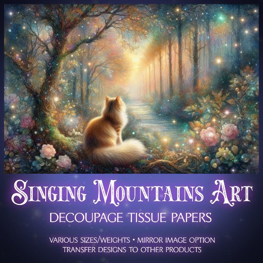 Dreamy Floral Cat in the Woods Fantasy Decoupage  薄葉紙