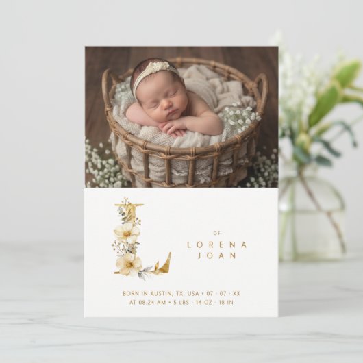 Dreamy Floral E Initial Gold Glitter Newborn 案内状 (スタンド正面)