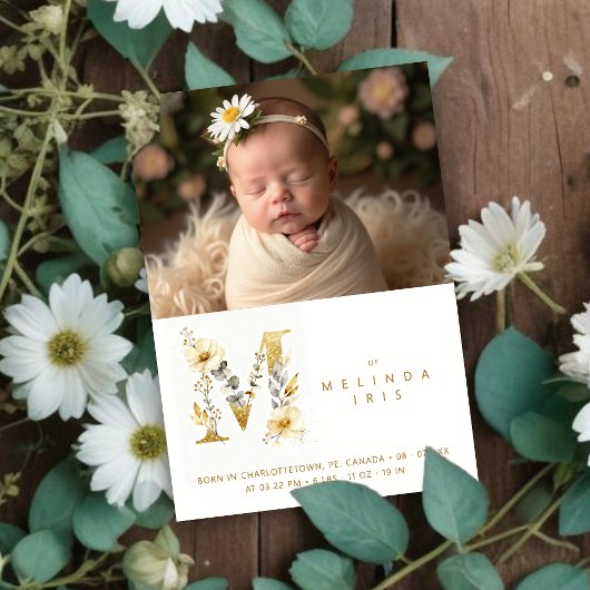 Dreamy Floral M Initial Gold Glitter Newborn 案内状