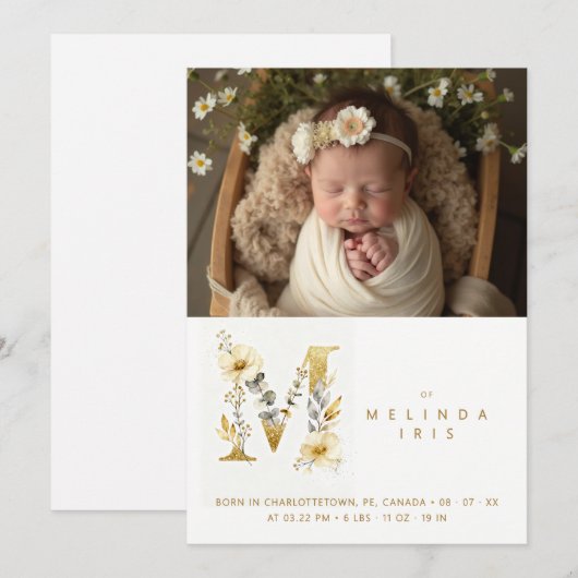 Dreamy Floral M Initial Gold Glitter Newborn 案内状 (正面/裏面)