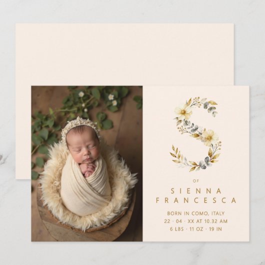 Dreamy Floral S Initial Gold Glitter Newborn 案内状 (正面/裏面)