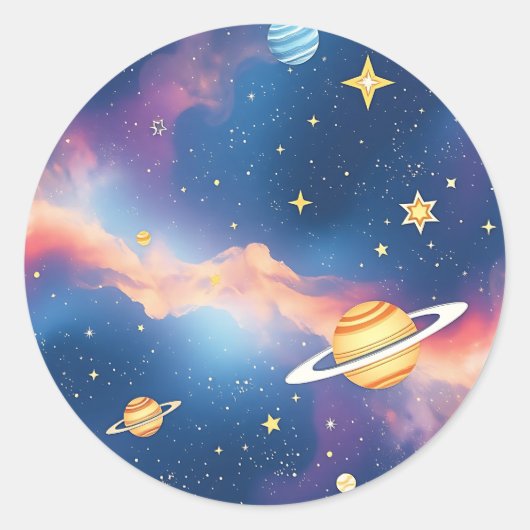 Dreamy Galaxy Planets Stars Pattern ラウンドシール (正面)