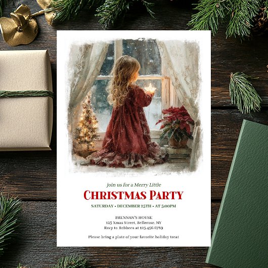 Dreamy girl awaits Santa printable holiday invite 招待状