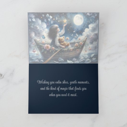 Dreamy Girl Rowing Boat Moonlit Fantasy Scene カード (内部)