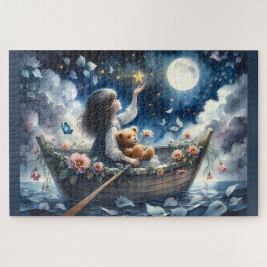 Dreamy Girl Rowing Boat Moonlit Fantasy Scene ジグソーパズル (横)