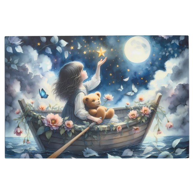 Dreamy Girl Rowing Boat Moonlit Fantasy Scene メタルプリント (正面)