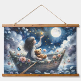 Dreamy Girl Rowing Boat Moonlit Fantasy Scene 吊り下げ型タペストリー