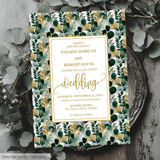 Dreamy Hunter Green Gold Greenery Wedding Invite 招待状