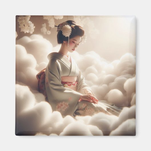 Dreamy Japanese Kimono Woman Floating in Clouds – マグネット (正面)