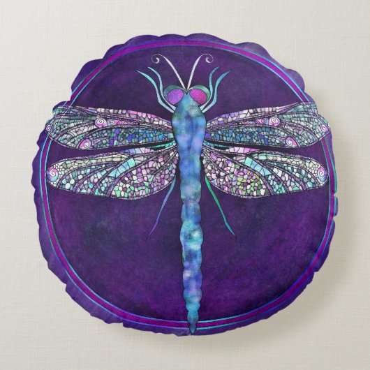 Dreamy Jewel-toned Dragonfly Round Pillow ラウンドクッション (正面)