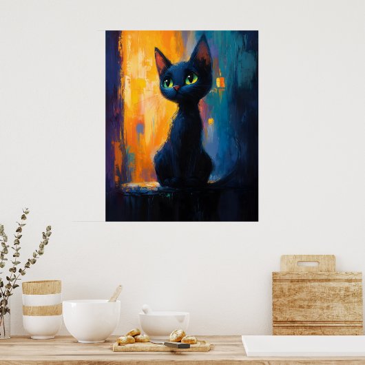 Dreamy Kitten, Black Cat Painting ポスター (キッチン)