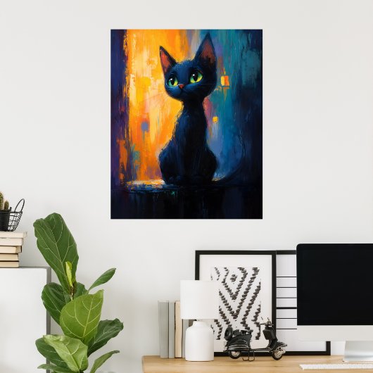 Dreamy Kitten, Black Cat Painting ポスター (ホームオフィス)