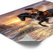 Dreamy Man on Horseback on the Beach at sunset ポスター (角)