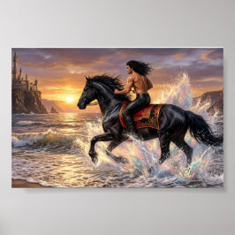 Dreamy Man on Horseback on the Beach at sunset ポスター