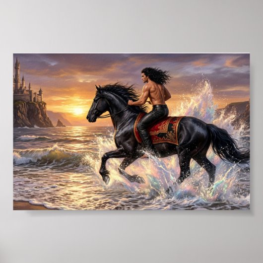 Dreamy Man on Horseback on the Beach at sunset ポスター (正面)