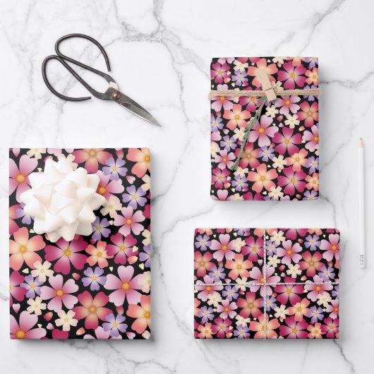 Dreamy Mixed Flowers on Black ラッピングペーパーシート (正面)