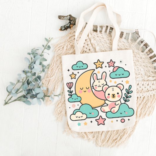 Dreamy Moon Bunny and Bear Tote Bag トートバッグ
