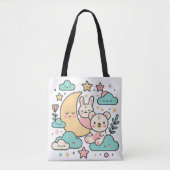 Dreamy Moon Bunny and Bear Tote Bag トートバッグ (正面)