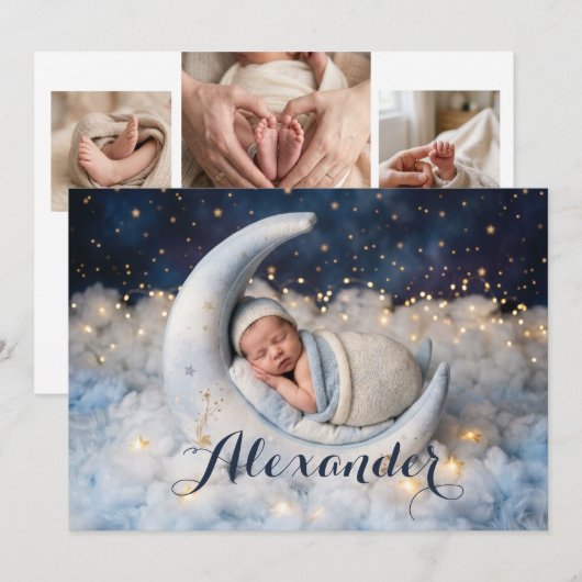 Dreamy Moon & Stars Baby Birth Announcement 案内状 (正面/裏面)
