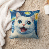 Dreamy Moonlight Starry Night White Cat Pillow クッション (ブランケット)