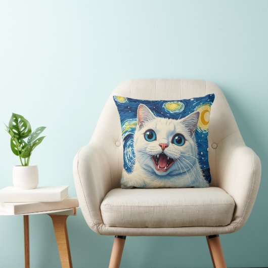 Dreamy Moonlight Starry Night White Cat Pillow クッション (椅子)