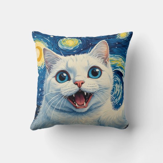 Dreamy Moonlight Starry Night White Cat Pillow クッション (裏面)