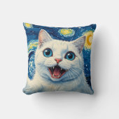 Dreamy Moonlight Starry Night White Cat Pillow クッション (正面)