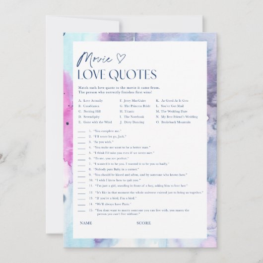 Dreamy Movie Love Quotes Bridal Shower Game Card 招待状 (正面)