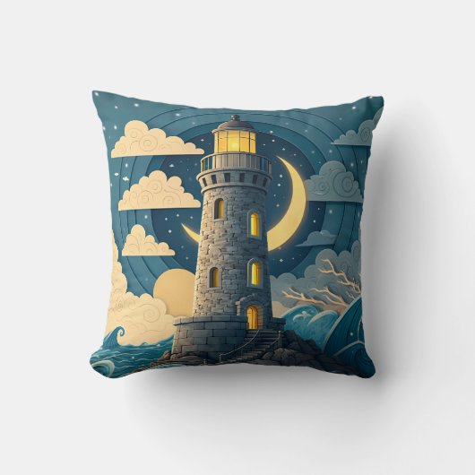 Dreamy Night Lighthouse Ocean Throw Pillow クッション (正面)