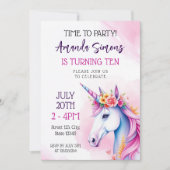 Dreamy Pastel Floral Unicorn Girl 10th Birthday 招待状 (正面)