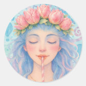 Dreamy Pastel Girl with Tulip Flower Crown Illustr ラウンドシール (正面)