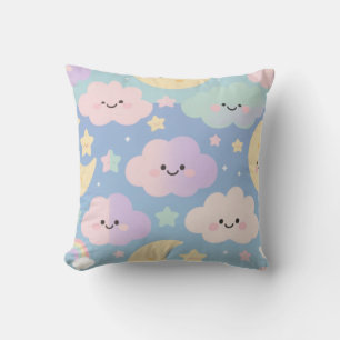 Dreamy Pastel Sky – Cute Cartoon Clouds & Moons Th クッション