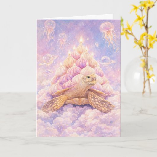 Dreamy Pastel Zefir Birthday turtle in clouds カード (黄色い花)