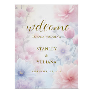 Dreamy Pink Blue Watercolor Fantasy Floral Fine ポスター