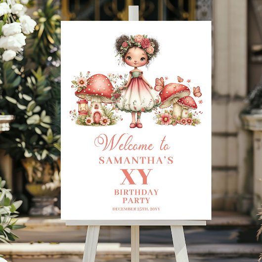 Dreamy Pink Fairy Floral Birthday Welcome Sign ポスター