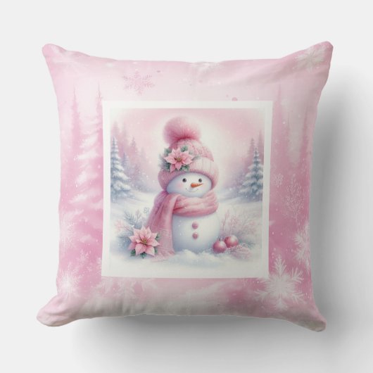 Dreamy Pink Forest Pillow Pinkmas Snowman Gift クッション (正面)