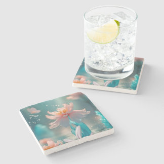 Dreamy Pink Lotus and Butterfly in Aqua Water ストーンコースター