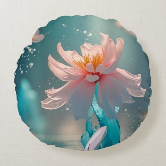 Dreamy Pink Lotus and Butterfly in Aqua Water ラウンドクッション (正面)