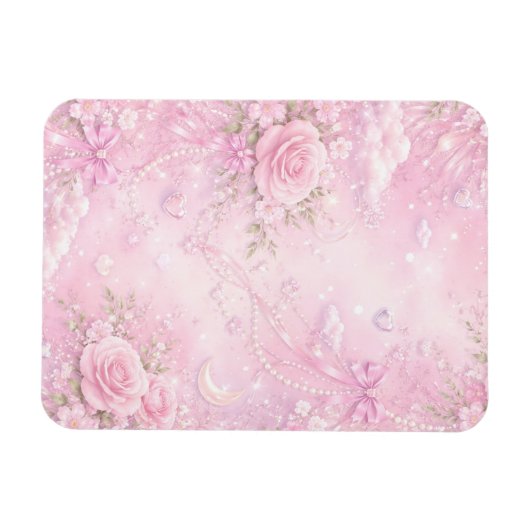 Dreamy Pink Rose Floral Pattern Pearls Bows Sparks マグネット (横)