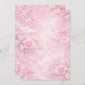 Dreamy Pink Rose Floral Pattern Pearls Bows Sparks 招待状 (正面/裏面)