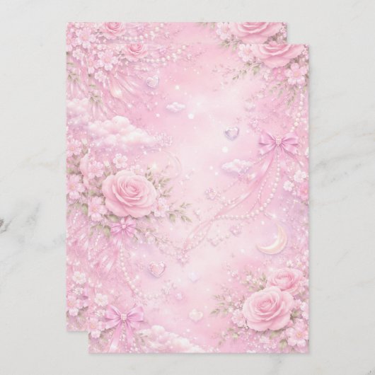 Dreamy Pink Rose Floral Pattern Pearls Bows Sparks 招待状 (正面/裏面)